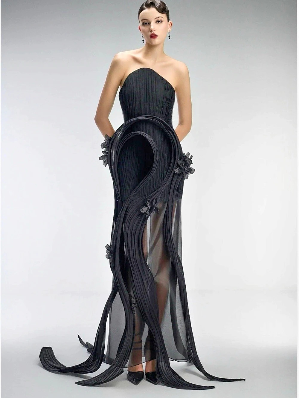 Couture Bandeau 3D Pleated Plissé Maxi Dress in Black